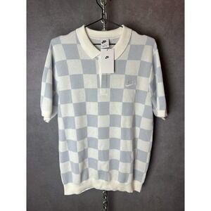 NIKE Club Checkers‎ Golf Polo Shirt Sweater Medium Mens Gray White Button Collar